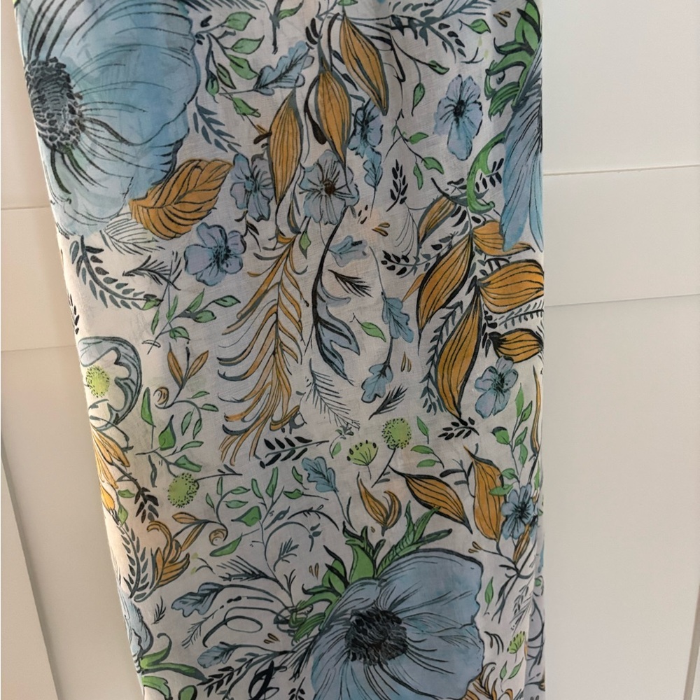 Floral Print Scarf with Blue and Yellow Accents